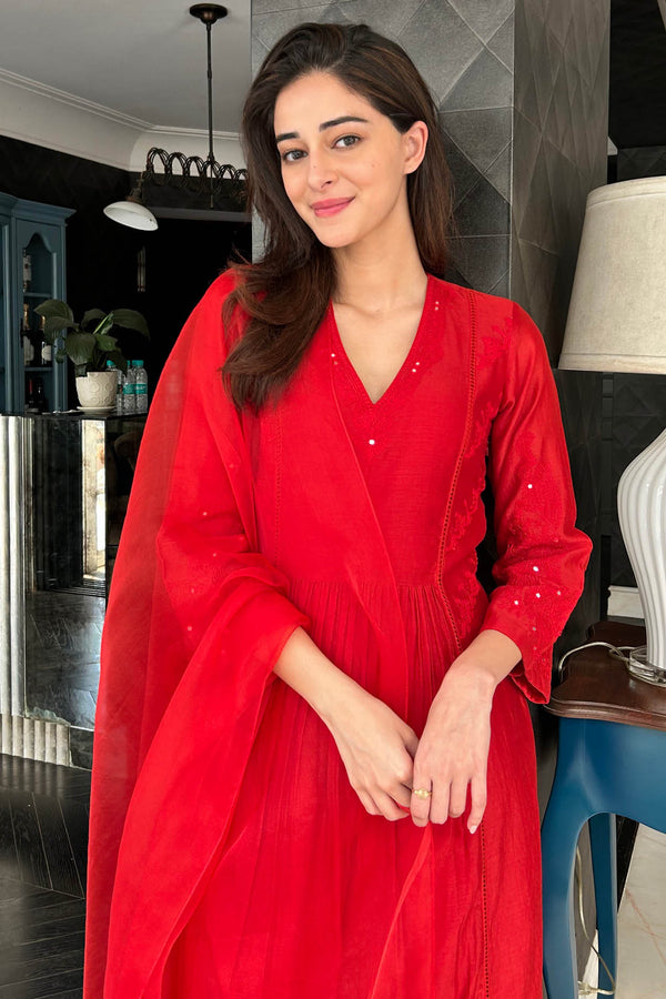 Embroidered Velvet Straight Kurti in Red : TUC1703